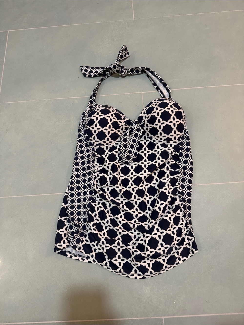 Merona Navy and White Geometric Halter Swim top